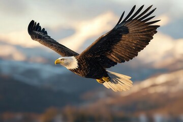 Obraz premium A majestic eagle soaring above a landscape, with the word Victory inscribed in the clouds, victory concept, freedom and success