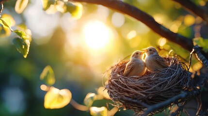 A pair of birds nesting together in a tree, symbolizing a harmonious home life, natural harmony, love and relationship