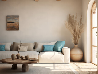 Wabi sabi japanese style rustic living room interior in with wood, pottery and texture elements in light blue and sea tones