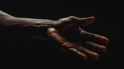 A hand palm up showing the texture of skin dark background