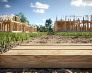 A rural construction project with wooden frames and open land in the background, rural development, construction and nature