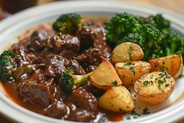 Braised beef stew with potatoes and broccoli