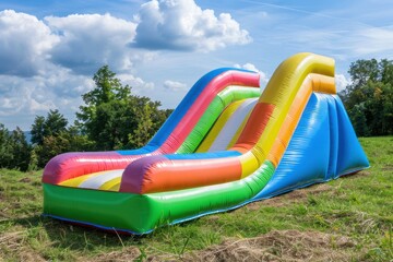 Bright inflatable slide for children in a grassy playground