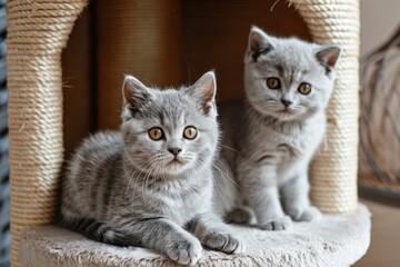 British shorthair cat and her kitten perched on cat tower