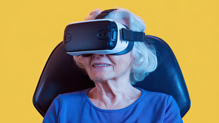 Studio portrait of elderly woman wearing VR headset, isolated on yellow background, senior experiencing virtual reality, modern technology in aging, innovative tech use, digital interaction