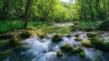 Obraz premium Forest river, peaceful, flowing, vibrant, midday, Nikon Z6 II, 24-70mm f/2.8, afternoon, natural light, Fuji Provia 100F