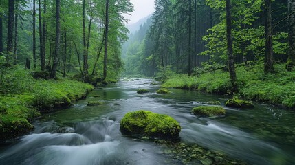 Fototapeta premium Forest river, peaceful, flowing, vibrant, midday, Nikon Z6 II, 24-70mm f/2.8, afternoon, natural light, Fuji Provia 100F
