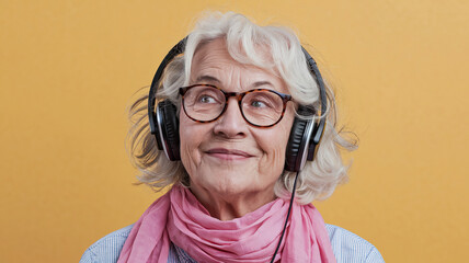 Studio portrait of elderly woman listening to music on headphones, isolated on yellow background, senior enjoying music, modern audio technology, relaxation and sound, vibrant senior lifestyle