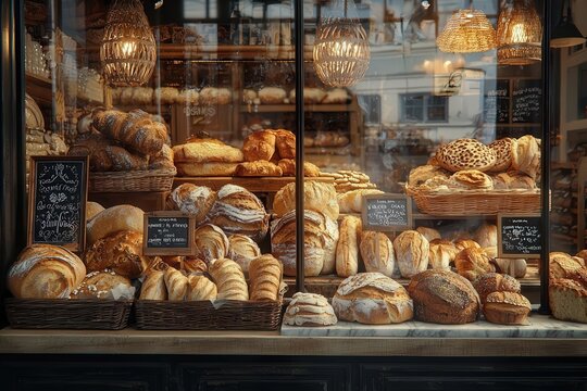 Artistic shot of a bakery window filled with assorted bread loaves, warm and inviting atmosphere, bread display, bakery charm