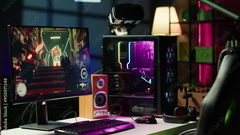 Poster computer screen showing fps videogame left open at night in empty apartment with rgb lights. close u