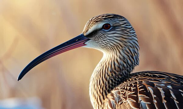 Close-up of a curlew bird with a long bill