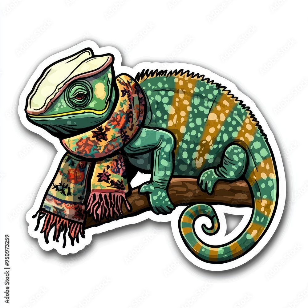 Poster chameleon wearing a scarf on a branch