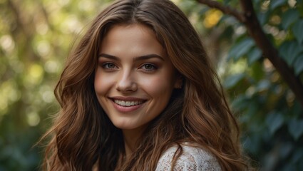 Fototapeta premium Woman with wavy brown hair smiling in an outdoor forest setting
