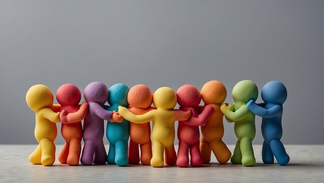 Colorful unity clay figures hugging in a circle, symbolizing harmony.