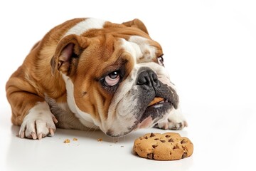 Fototapeta premium Bulldog pup rewarded with cookie for good behavior on white background