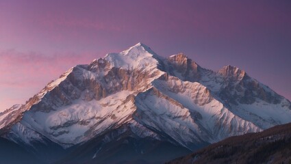 Snow-covered mountain range under a purple sky during sunset
