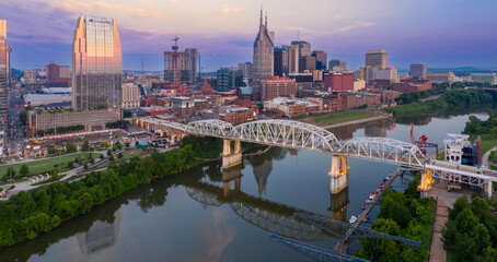 Cumberland River and the city skyline at sunrise. Nashville, Tennessee, United States of America.
