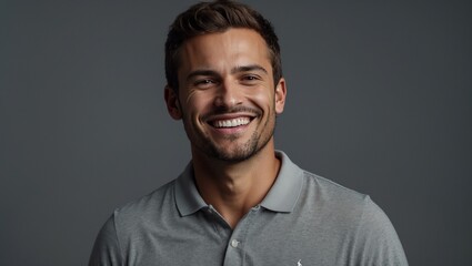 Obraz premium Smiling young man in grey polo shirt smile cheerful persona evident