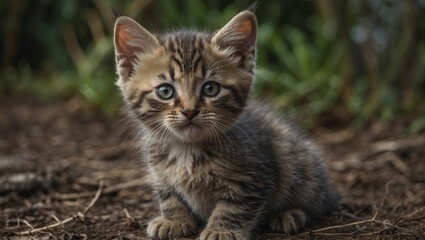 Obraz premium Little kitten with blue eyes sitting on ground outdoors in nature