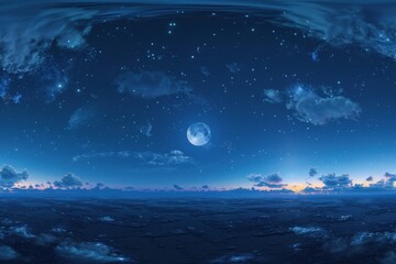 HDRI 360 panorama of dark blue sunset sky with moon and milky way ideal for graphics or game development