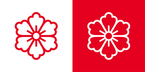 かわいい和風の花の線画アイコン＿家紋風＿紅白
