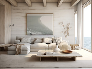 Wabi sabi japanese style rustic living room interior in with wood, pottery and texture elements in light blue and sea tones