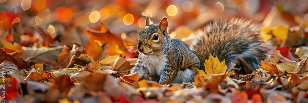 Poster inquisitive squirrel among fall foliage