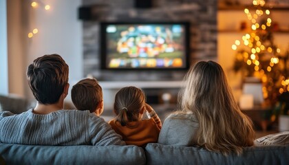 Family Watching TV Together in Cozy Living Room During the Holidays