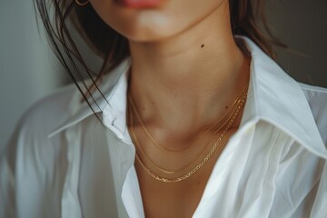 Elegant closeup portrait of a woman wearing a white shirt and layered gold necklaces in a stylish indoor setting