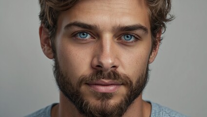 Obraz premium Serious man with blue eyes and beard looking directly at camera.
