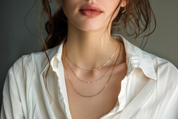 Elegant woman showcasing gold chain necklaces, captured in a closeup for a sophisticated jewelry catalog shoot