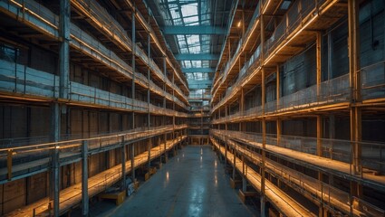 Fototapeta premium Spacious empty warehouse with illuminated shelves and skylight