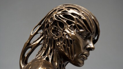 Bronze abstract sculpture with intricate, organic, hollow design.