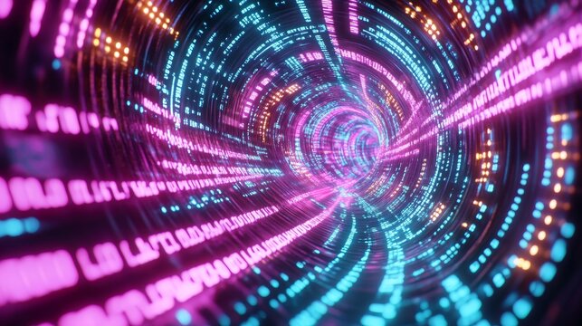 A mesmerizing close up view of futuristic binary code pattern, showcasing vibrant colors and dynamic movement. 
