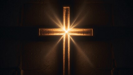 Naklejka premium Illuminated wooden cross bathed in soft golden light on stone wall.