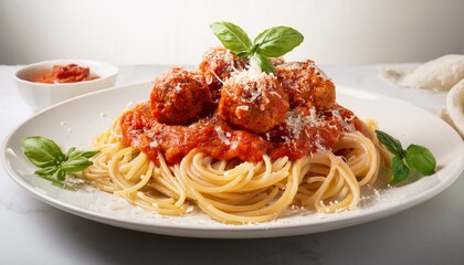  A portion of spaghetti with marinara sauce and meatballs, sprinkled with Parmesan, on a whit 