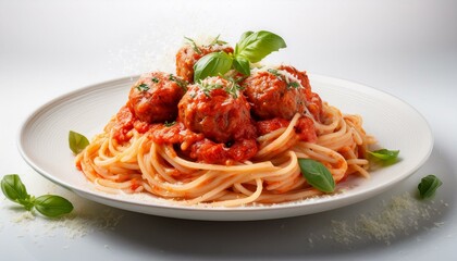  A portion of spaghetti with marinara sauce and meatballs, sprinkled with Parmesan, on a whit 