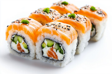 Set of fresh sushi rolls with salmon on white background.