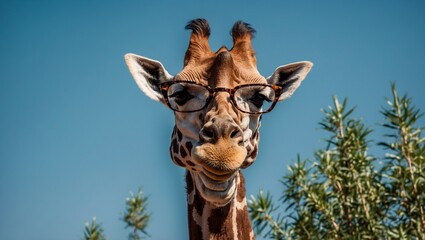 A giraffe with glasses against a blue sky and green foliage background