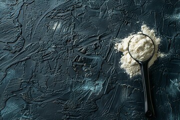 Whey protein scoop from above dark background space to copy