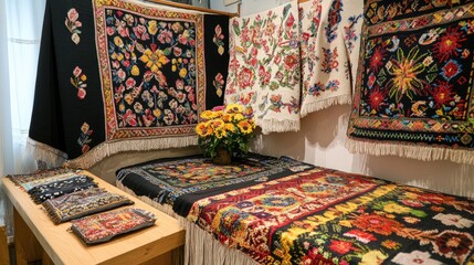 A display of Romanian traditional textiles with detailed embroidery, representing the rich cultural heritage of Romania.
