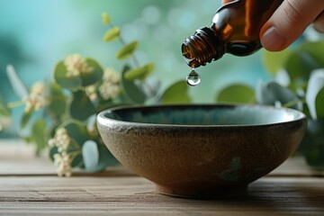 Naklejka premium Woman adding eucalyptus oil to bowl on table