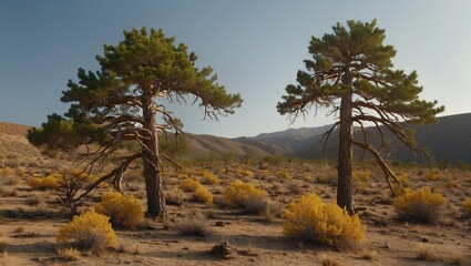 Obraz premium Two pine trees in a desert landscape with shrubs and hills beyond