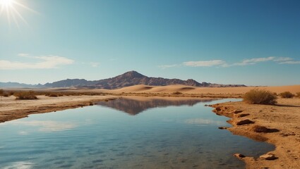 Desert oasis reflecting water below mountains under clear sky
