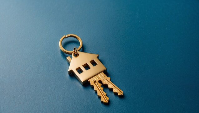 House-shaped golden keychain on blue background - Powered by Adobe