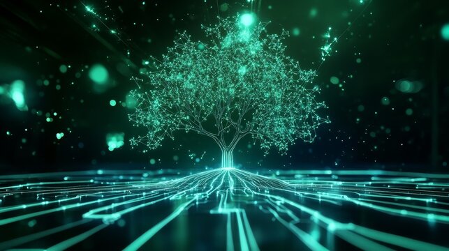 A holographic projection of binary tree graph, showcasing intricate connections and glowing roots, evokes sense of digital nature and innovation. 