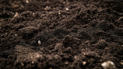 Close-up view of rich, dark soil with a textured surface.