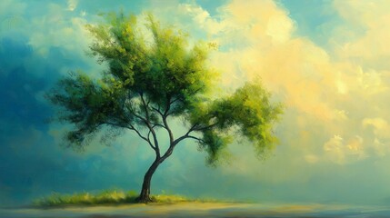 Fototapeta premium Illustration of a solitary tree at sunrise with vibrant green leaves against a soft, pastel-colored sky.