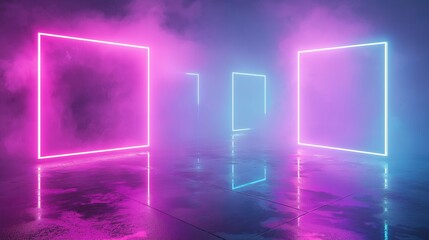 A futuristic corridor illuminated by glowing neon frames in pink and blue.