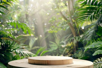 Wooden table top in a tropical garden with green jungle background representing nature during spring or summer